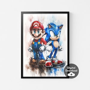 Mario and Sonic the Hedgehog Watercolor Art Print Super Mario Poster, Kids Nursery Wall Decor Birthday Gift,Home Decor,Digital Download