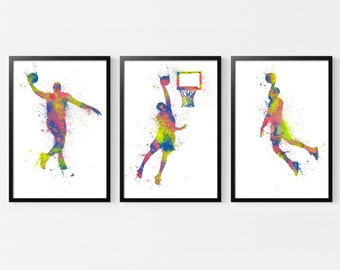 Akvarellkonsttryck med basketboll: Set med 3, dekoration för pojkrum (digital nedladdning)