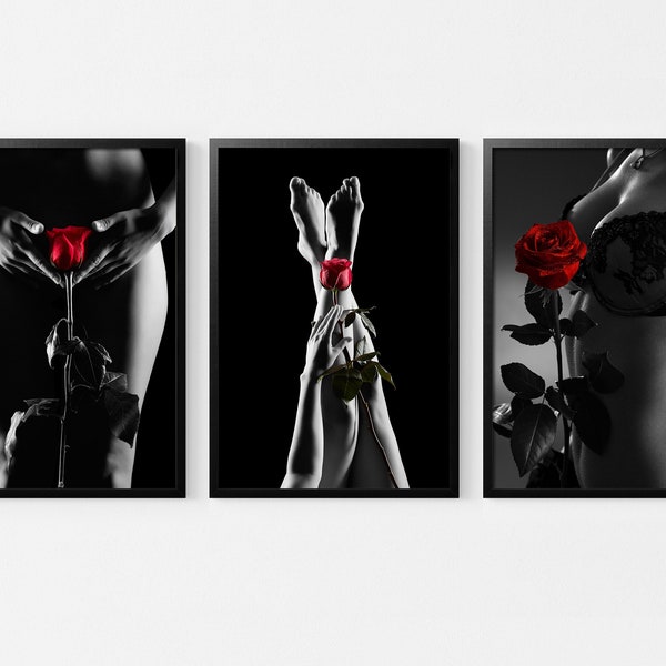 Sexy Nude Erotic Woman Holding Red Rose prints,Sexi Woman Poster,Black and White Wall Art,Fashion Art Print,Sexy Artistic Poster，Home Decor