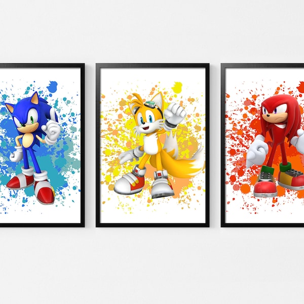 Set van 3 Sonic Poster, Sonic aquarel Art Print Poster, Action Adventure Gameing Poster, Kawaii Room Decor, Home Decor