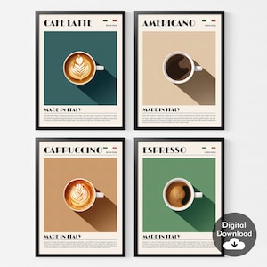 Juego de 4 impresiones de café, decoración de cocina moderna, arte mural minimalista de café, latte, americano, espresso, póster de espresso, regalos de café, digital