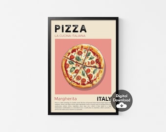 May include: A printable poster with a retro design featuring a Margherita pizza with a pink background. The poster has the text "Pizza La Cucina Italiana" and "Margherita Italy" with a description of the pizza below. The poster has a digital download icon.