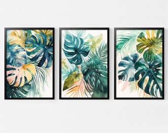 Set de impresiones de acuarela de hojas tropicales: Arte mural natural (descarga digital)