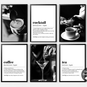 Impresiones artísticas de definición de café, té y cócteles / Póster de cócteles de café / Póster con frases divertidas sobre bebidas / Decoración de pared para cocina y bar / Digital