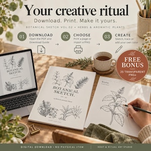 May include: A digital botanical sketch collection titled Your creative ritual, featuring a laptop displaying a PDF, a printed booklet, and a loose sheet with a basil illustration. The text includes Botanical Sketch Vol.02 Herbs & Aromatic Plants.