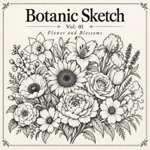 May include: A black and white botanical illustration titled Botanic Sketch Vol: 01 Flower and Blossoms. The artwork features a detailed arrangement of various flowers including a sunflower, peony, rose, lily, daffodil, and poppy with leaves.