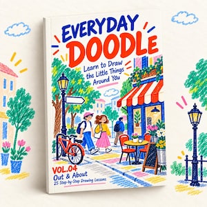 May include: A softcover book titled Everyday Doodle: Learn to Draw the Little Things Around You, Vol. 04 Out & About. The cover features a colourful crayon-style illustration of a city street with people, a bicycle, a cafe, and street lamps.