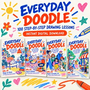 Op de afbeelding: Een digitale tekengids getiteld Everyday Doodle met 100 stapsgewijze tekenlessen. De afbeelding toont vier boekomslagen met de titels Vol.01 Things at Home, Vol.02 Food & Kitchen, Vol.03 People & Everyday Life en Vol.04 Out & About.