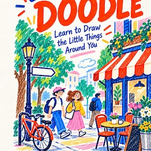 Könnte beinhalten: Ein farbenfrohes Zeichenbuch-Cover mit dem Titel EVERYDAY DOODLE Learn to Draw the Little Things Around You VOL.04 Out & About 25 Step-by-Step Drawing Lessons. Die Illustration zeigt eine Straßenszene mit Fußgängern, einem Fahrrad und einem Café.