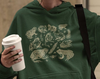 Frog and Bug Hoodie, Dark Academia Aesthetic Hoody, Cottagecore Toads, Vintage Plants and Frogges Hoodie, Nature Retro Illustration Art