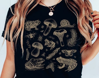 Chemise de grenouille, insecte et champignon, t-shirt esthétique biologique, t-shirt cottagecore, t-shirt vintage mycologie champignons, gobelincore rétro nature, mignon papillon de nuit