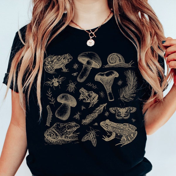 Frog, Bug and Mushroom Shirt, Biology Aesthetic Tee, Cottagecore Tshirt, Vintage Mycology Fungi T-shirt, Goblincore Retro Nature, Cute Moth