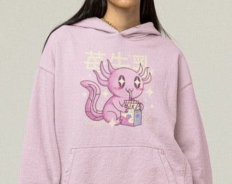Axolotl Juice Box Hoodie, Kawaii Axolotl Hoody, Korean Style Hoodie, Japanese Text, Kawaii Axolotl Lover, Strawberry / Raspberry Juice