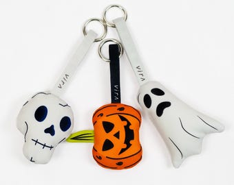 Juego de 3 adornos para bolsos de Halloween: esqueleto, calabaza y fantasma