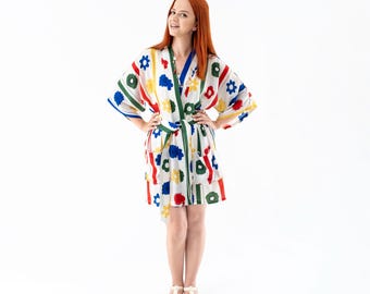Floral Print Cupro Kimono: Vegan Silk Robe, Handmade in Istanbul