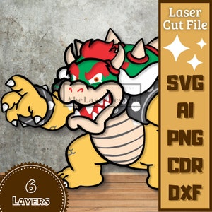 May include: A digital cut file of Bowser, a video game character, in a green and red costume with a yellow shell. The file is available in SVG, AI, PNG, CDR, and DXF formats. The image shows 6 layers.