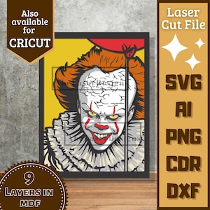 May include: A framed illustration of a clown with orange hair, white face, and red accents. The image includes the text "Laser Cut File" and file type abbreviations. Additional text reads "Also available for CRICUT" and "9 Layers in MDF."