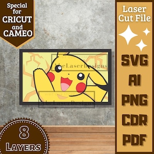 Puede incluir: Una impresión artística digital enmarcada con Pikachu, un personaje de dibujos animados amarillo con mejillas rojas y una expresión feliz. La imagen está etiquetada como un archivo de corte láser, compatible con las máquinas Cricut y Cameo.