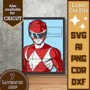 Puede incluir: Personaje de Power Ranger rojo con un diamante blanco en el pecho, en un diseño en capas para corte por láser. La imagen está enmarcada y tiene un fondo azul. El texto "7 LAYERS IN MDF" es visible en la esquina inferior izquierda. El texto "Laser Cut File" es visible en la esquina superior derecha. El texto "SVG AI PNG CDR DXF" es visible en la esquina inferior derecha.