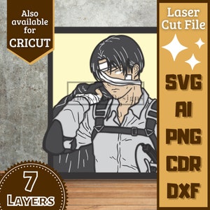 May include: A black and white digital illustration of a character from the anime Attack on Titan. The character is wearing a white shirt, a black jacket, and a bandage over their eye. The image is in a square frame with a yellow background. The text "Laser Cut File" is in the upper right corner of the image. The text "SVG, AI, PNG, CDR, DXF" is in the lower right corner of the image. The text "7 LAYERS" is in a brown circle in the lower left corner of the image.