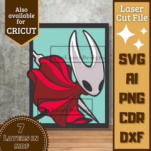 Könnte beinhalten: Gerahmter digitaler Kunstdruck mit einer Figur mit weißem Kopf, rotem Umhang und Speer. Das Bild ist vor einem türkisfarbenen Hintergrund. Der Text enthält "Laser Cut File", "SVG", "AI", "PNG", "CDR" und "DXF".