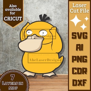 May include: A yellow cartoon character with a large bill and black eyes, a laser cut file design. The image includes text that says "Laser Cut File", "SVG", "AI", "PNG", "CDR", and "DXF". Also available for Cricut.