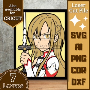 May include: A framed anime-style illustration of a character with long blonde hair, holding a sword. The image has a yellow background and is labeled as a laser cut file, available in SVG, AI, PNG, CDR, and DXF formats. The design has 7 layers.