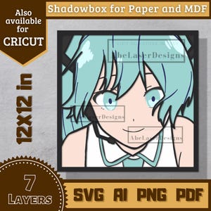 May include: A digital illustration of a blue-haired anime character with green eyes. The character is wearing a white shirt with a blue collar. The image is labeled "Shadowbox for Paper and MDF" and "AbeLaserDesigns".