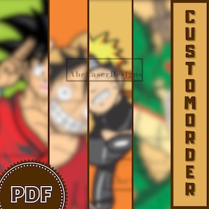 Puede incluir: Un gráfico vertical con personajes de anime en rojo, naranja y verde. El texto "CUSTOM ORDER" está a la derecha. El texto "PDF" está en un círculo marrón en la parte inferior. La marca de agua "AbeLaserDesigns" está en el centro.