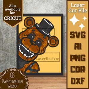 Puede incluir: Una impresión artística digital enmarcada que presenta un personaje de oso marrón con un sombrero de copa negro y una amplia sonrisa. La imagen está sobre un fondo amarillo, con texto que indica que es un archivo de corte láser, disponible para Cricut.