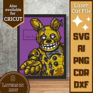 May include: A framed, layered art piece featuring a yellow, cartoonish rabbit character with a wide grin and a bow tie, set against a purple background. The image includes text indicating it's a laser cut file available in various formats, including SVG, AI, PNG, CDR, and DXF.