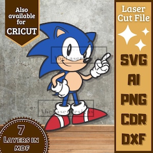 Puede incluir: Imagen de dibujos animados de Sonic the Hedgehog en azul, blanco y rojo. La imagen es un archivo de corte láser, también disponible para Cricut. El texto incluye "SVG, AI, PNG, CDR, DXF" y "7 capas en MDF."