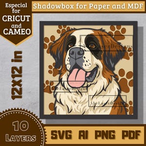 Puede incluir: Un diseño de caja de sombras en capas con un perro San Bernardo sonriente, enmarcado en negro. El diseño mide 30.5 x 30.5 cm y tiene 10 capas. Incluye el texto "Especial for CRICUT and CAMEO" y formatos SVG, AI, PNG y PDF.
