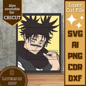 May include: A framed anime-style illustration of a character with black hair and a black eye patch. The image is a laser cut file, available in SVG, AI, PNG, CDR, and DXF formats. The design has 8 layers in MDF and is also available for Cricut.