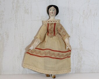 RESERVED -   A Lovely Antique Doll With Fully Jointed Wooden Body, Circa 1850, 4.5 ins Tall