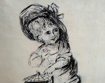 May include: A black and white sketch of a child wearing a hat and holding a birdcage. The image is on a cream-colored fabric with a black border. The child is drawn in a detailed, illustrative style.