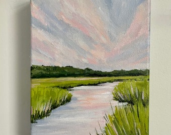 Salt Marsh, Gifts, Coastal Decor, Beach Decor, Wall Art, Abstract, Original Painting on canvas, small works, 5x7