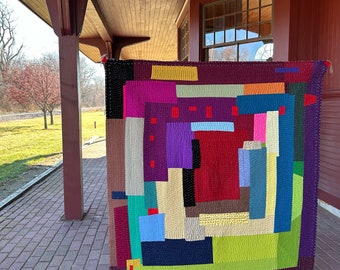Handmade Textile Art: Hand-Pieced Wool Yarns, Modern Textile (59” x 56")