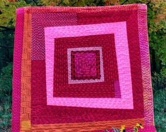 Handmade Modern Art Quilt - Red Textile Wall Hanging (51” x 48")