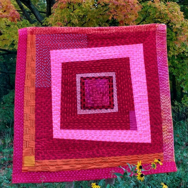 Handmade Modern Art Quilt - Red Textile Wall Hanging (51” x 48")