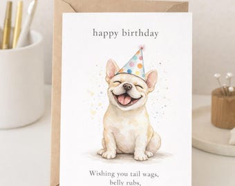 Könnte beinhalten: Geburtstagskarte mit einer Aquarellillustration eines lächelnden, hellfarbigen Hundes mit Partyhut. Die Karte trägt die Aufschrift "Happy Birthday" und enthält eine Geburtstagsbotschaft. Die Karte befindet sich in einem braunen Umschlag.