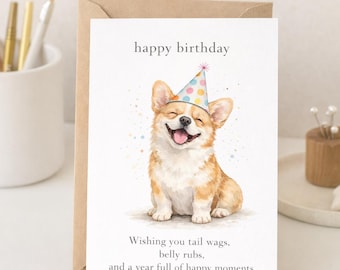 Könnte beinhalten: Geburtstagskarte mit einem lächelnden Corgi mit Partyhut. Die Karte trägt oben die Aufschrift "Happy Birthday" mit einer Nachricht, die sich Schwanzwedeln und glückliche Momente wünscht. Die Karte wird von einem braunen Umschlag begleitet.