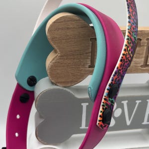 Biothane Handle Collar, 12.5&quot;-14&quot;, 1&quot; with 1.5&quot; backing, Magenta, Dusty Teal and 5/8&quot; Rainbow Cheta Print