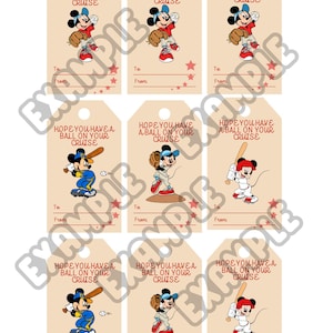 May include: Gift tags with Mickey Mouse in baseball attire. Each tag features the text "HOPE YOU HAVE A BALL ON YOUR CRUISE" in red. The tags have space for "To" and "From" and are decorated with red stars.