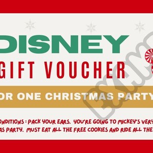 May include: A red and white Christmas gift voucher for a Disney Christmas party. The voucher features Mickey Mouse and Minnie Mouse in festive attire. The voucher is valid until December 24th.