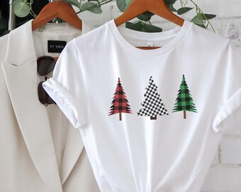 Merry Christmas Shirt For Women - Buffalo Plaid Tree Design Short Sleeve T-Shirt, Holiday Gift Tee
