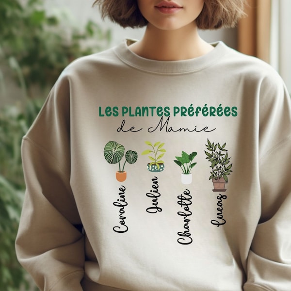 Cadeau Plante Grand-mère Cadeau Personnalisé pour Mamie qui aime les Plantes Pull pour Mamie Chandail grandmère avec Prénom petits enfants