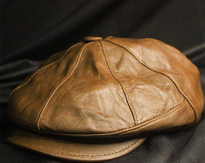 TAN Genuine Leather Cap Leather 8 Panel Riders Cap Leather Newsboy Cap ...