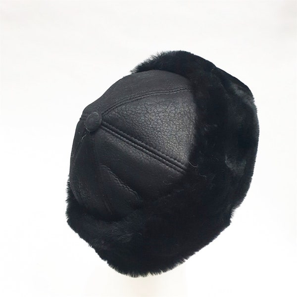 BLACK Unisex Shearling Sheepskin Winter Fur Beanie Hat Hunter Hat Trapper Ushanka Aviator Fur hat Winter Bomber hat