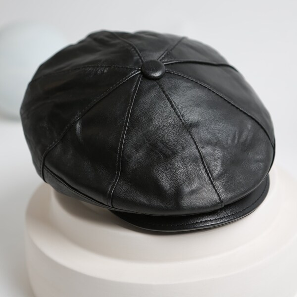 BLACK Leather 8 Panel Newsboy Cap, Peaky Blinders Cap, Leather Newsboy Cap, Baker Boy Leather Hat, Irish Flat Cap, Men Winter Hat